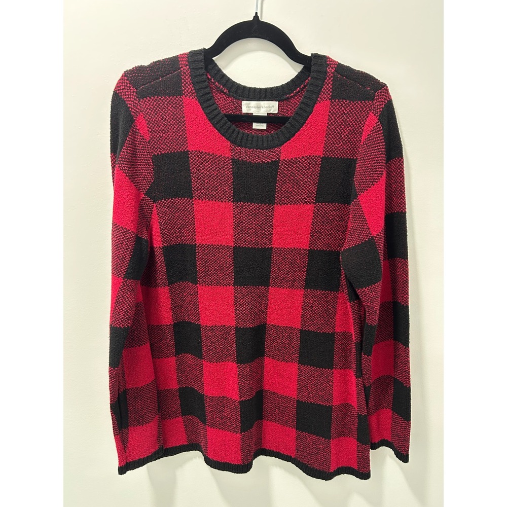 Christopher & Banks Womens XL Red Black Buffalo Plaid Knit Sweater Crew Neck